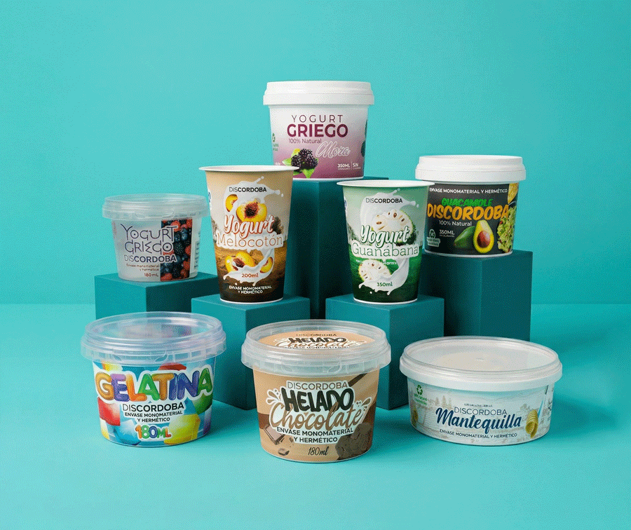 Envases plásticos para alimentos: tarrina de yogurt de PP, botella de aceite de PET y garrafa de leche de HDPE