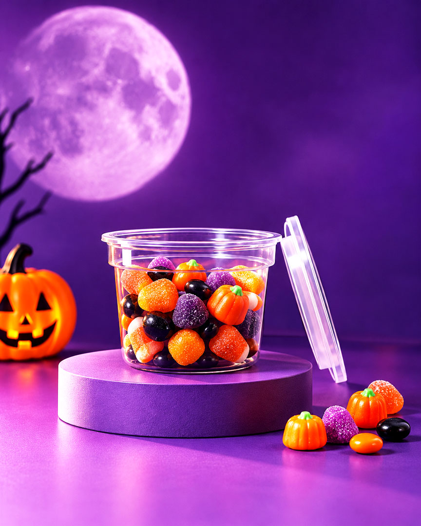 Tarrina plástica EPPO1083 180 ml para dulces y snacks de Halloween — envase transparente individual
