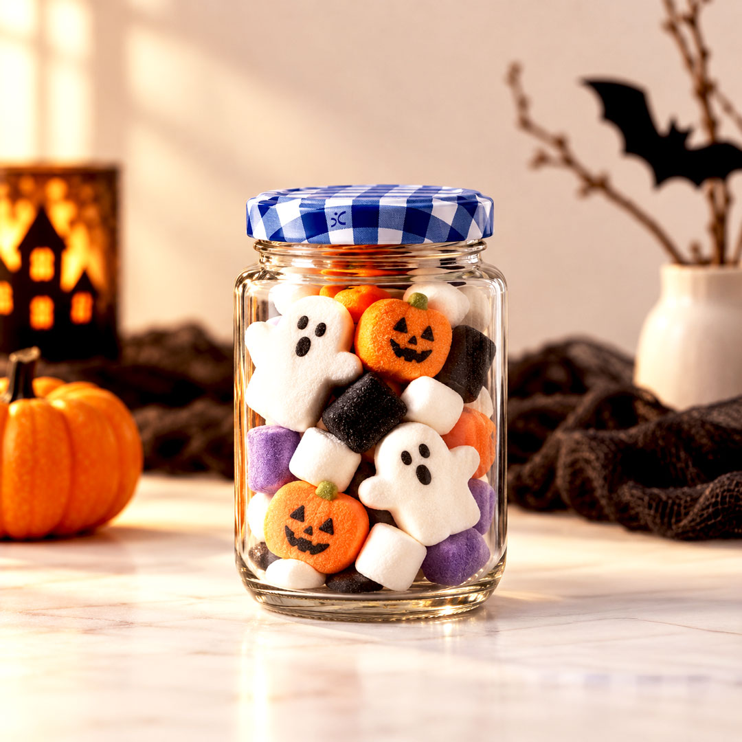 Frasco de vidrio EA4011 250 ml para malvaviscos y gomitas de Halloween — envase recto transparente