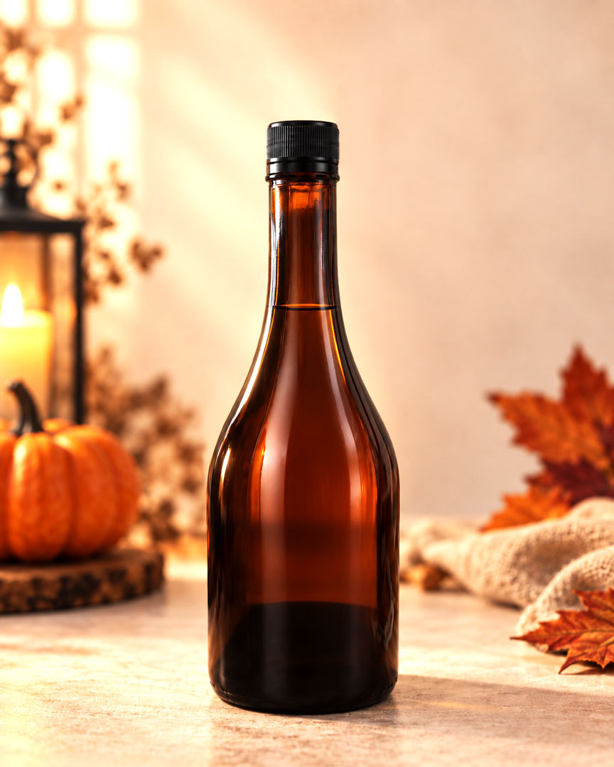 Botella de vidrio ámbar EL2348 750 ml para ron, brandy y licores artesanales de Halloween