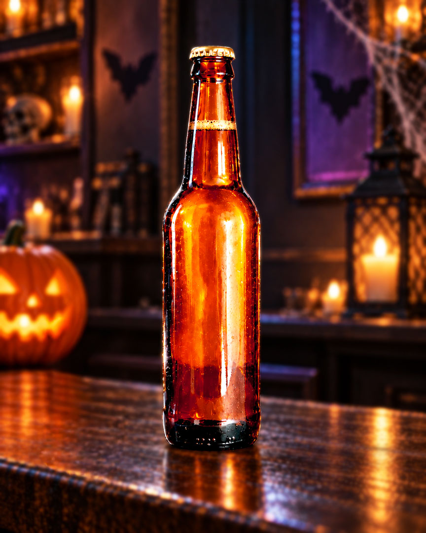 Botella de vidrio para cerveza artesanal de Halloween 330 ml — envase ámbar DisCordoba