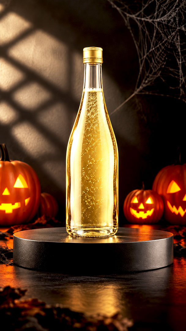 Botella de vidrio tipo champaña EL3391 para licores y espumantes artesanales de Halloween
