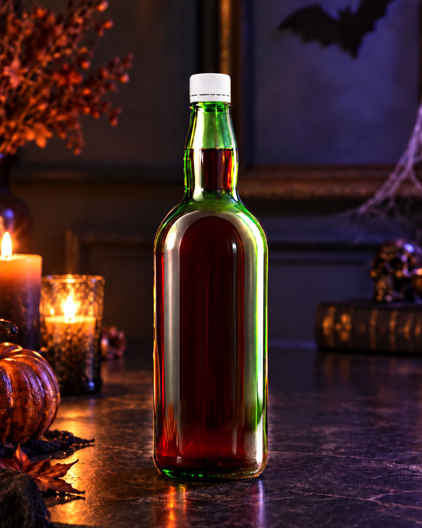 Botella de vidrio para vino artesanal EL2325 con tapa metálica — presentación Halloween